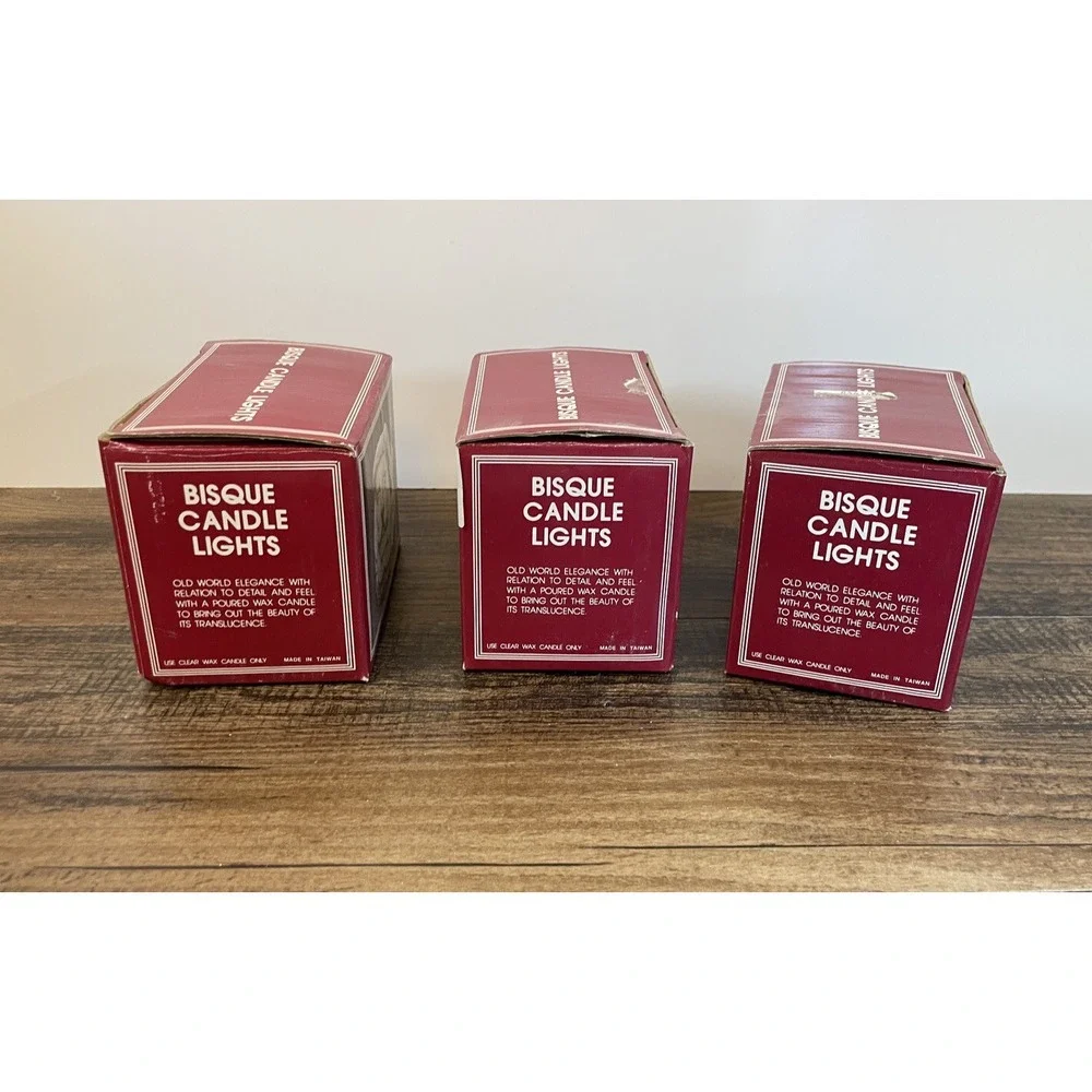 Vintage Lot of 3 Bisque Candle Light Christmas Santa Claus in Boxes Unpainted